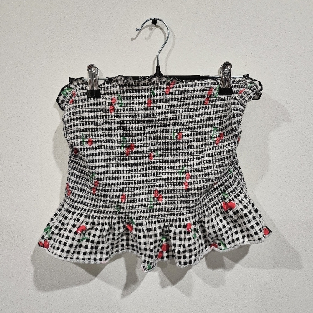 Cherry Print Black and White Checkered Top